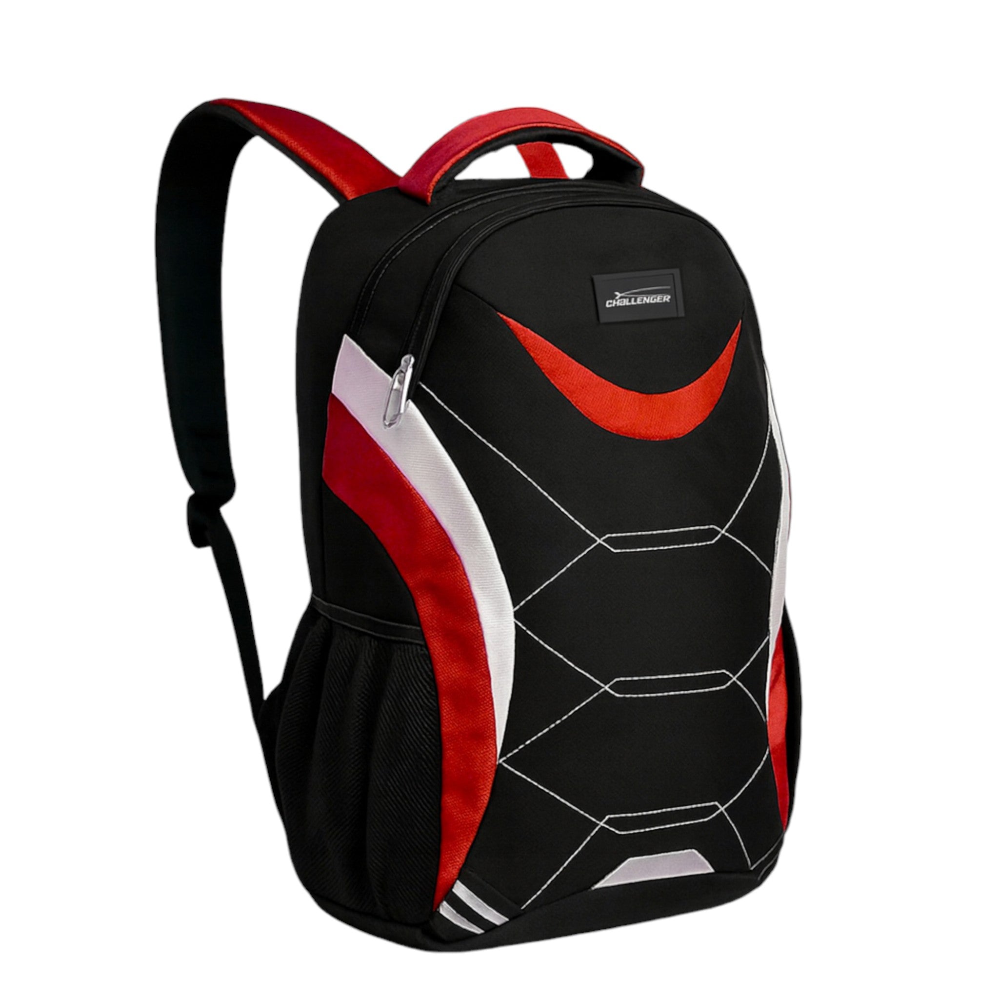 Red and black Challenger dual compartment backpack with white detailing, padded shoulder straps, and side mesh pockets – ideal for school, work, or travel.